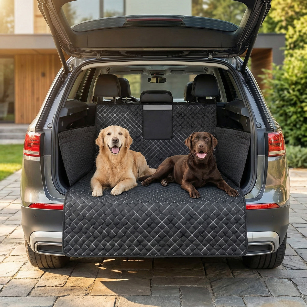 Zwei Hunde auf dem Kofferraumschutz im SUV